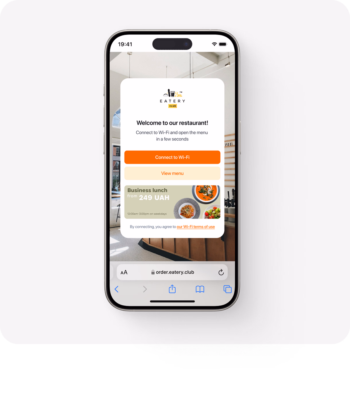 Captive Portal interface with menu and promotions on a smartphone Captive Portal interface with menu and promotions on a smartphone